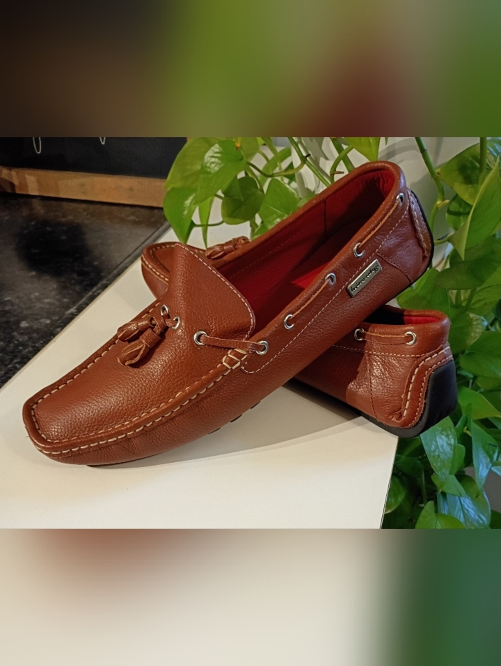 Men's Leather Tassel Driving Loafers - Chestnut Brown